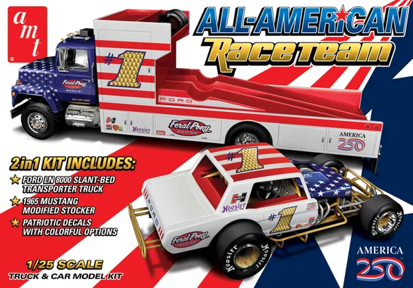 AMT All American Race Team Ford LN 8000 Transporter & 1965 Mustang Modified Model Kit (DUE NOVEMBER 2026) 1:25 scale kit model car