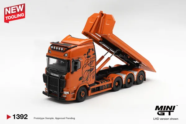 ماکت دایکست MINI GT Scania 770S B8x4NA Hooklift Flatbed Orange (MGT01392) 1:64